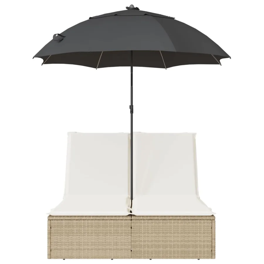 Chaise longue double avec coussins et parasol beige poly rotin - 14