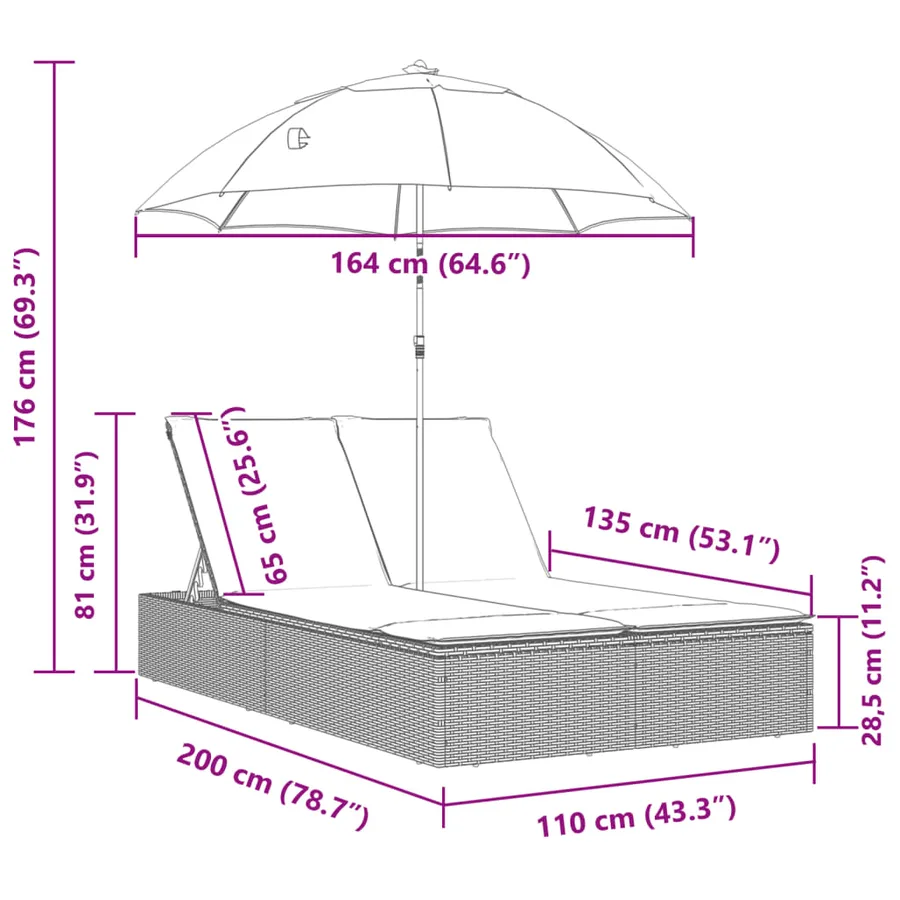 Chaise longue double avec coussins et parasol beige poly rotin - 29