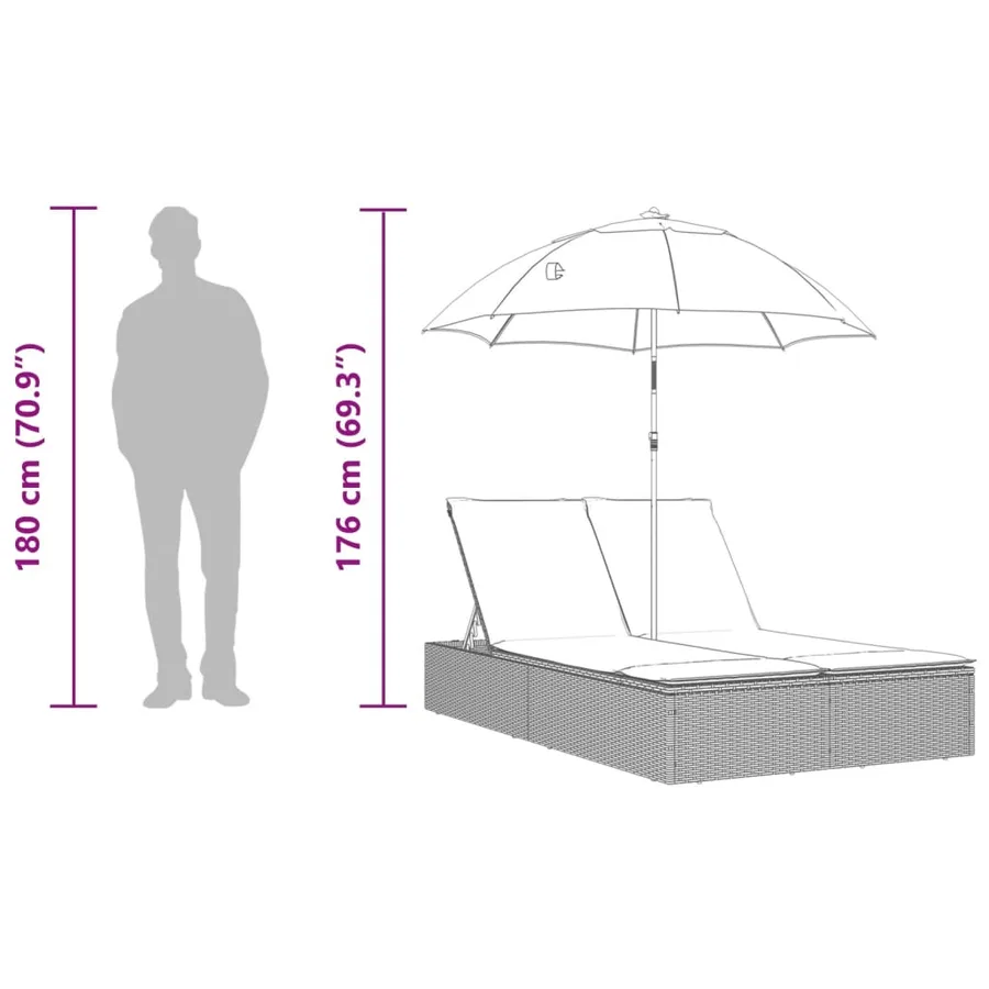 Chaise longue double avec coussins et parasol gris clair rotin - 10