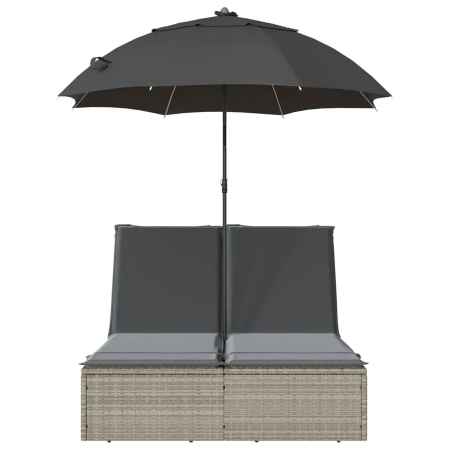 Chaise longue double avec coussins et parasol gris clair rotin - 4