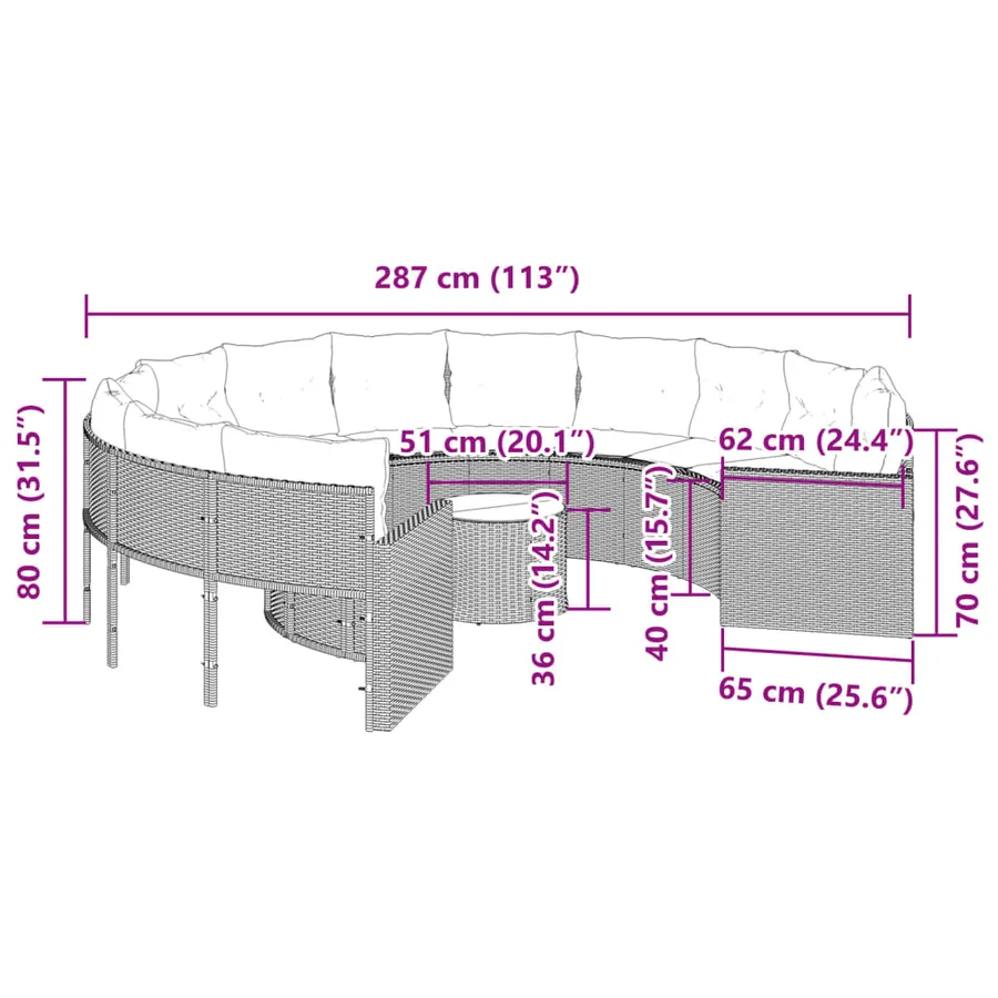 Canapé de jardin avec table coussins rond beige résine tressée - 11