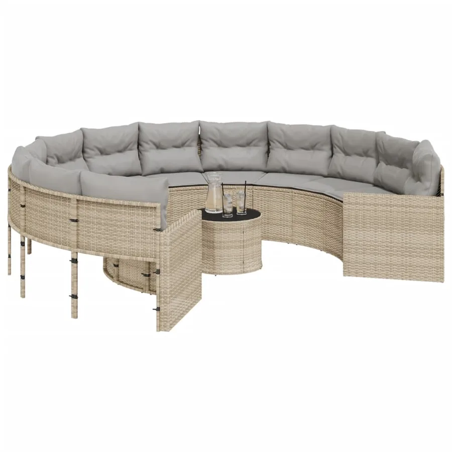 Canapé de jardin avec table coussins rond beige résine tressée - 3