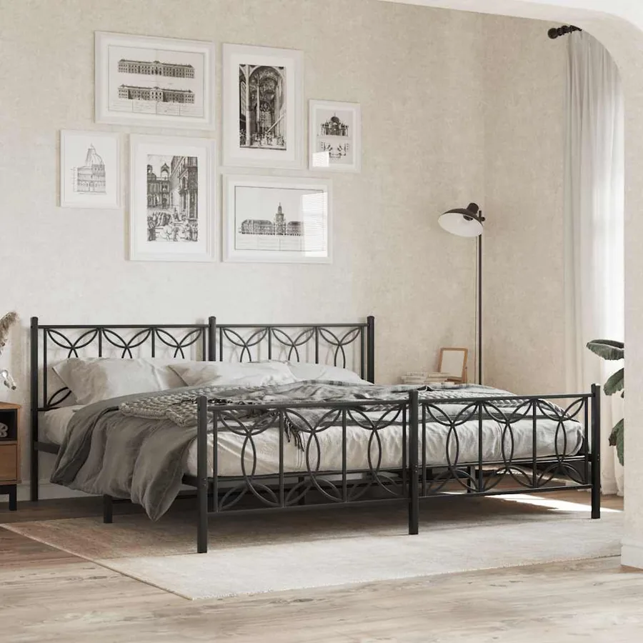 Cadre de lit métal sans matelas avec pied de lit noir 193x203cm