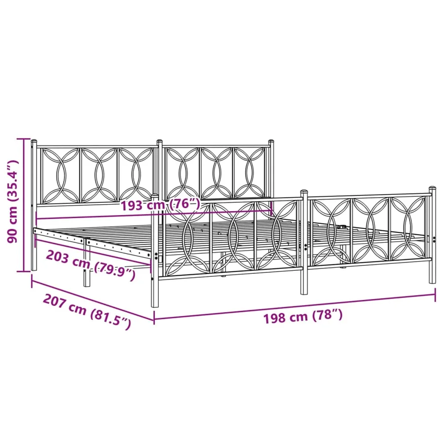 Cadre de lit métal sans matelas avec pied de lit noir 193x203cm - 8