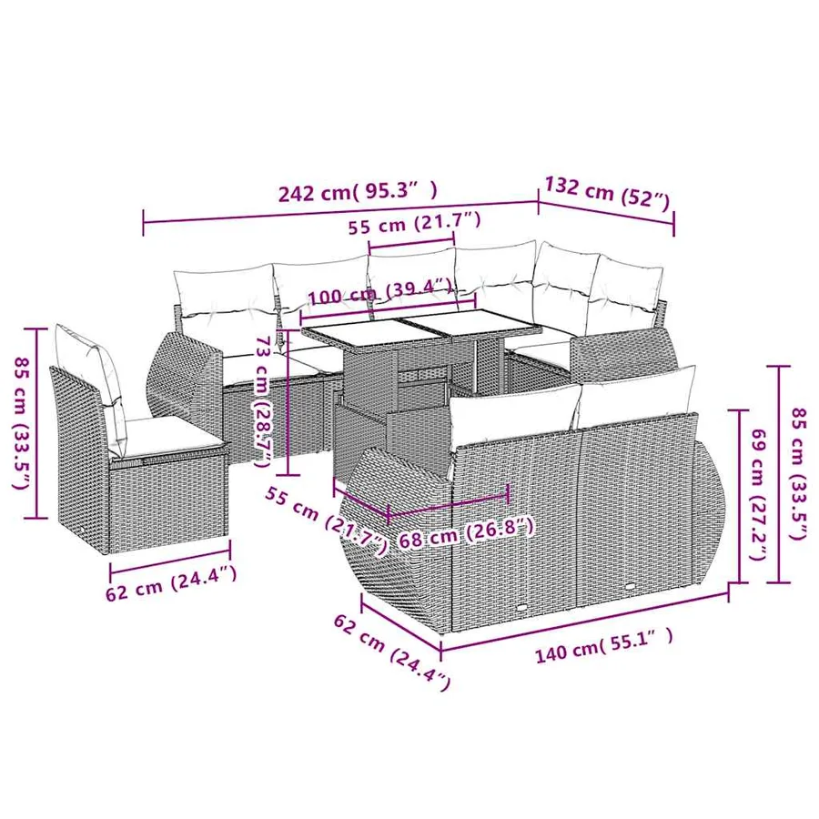 Salon de jardin avec coussins 9 pcs beige résine tressée - 10