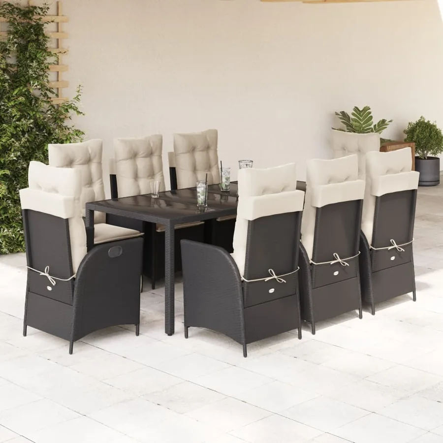 Ensemble à manger de jardin 9pcs coussins noir résine tressée