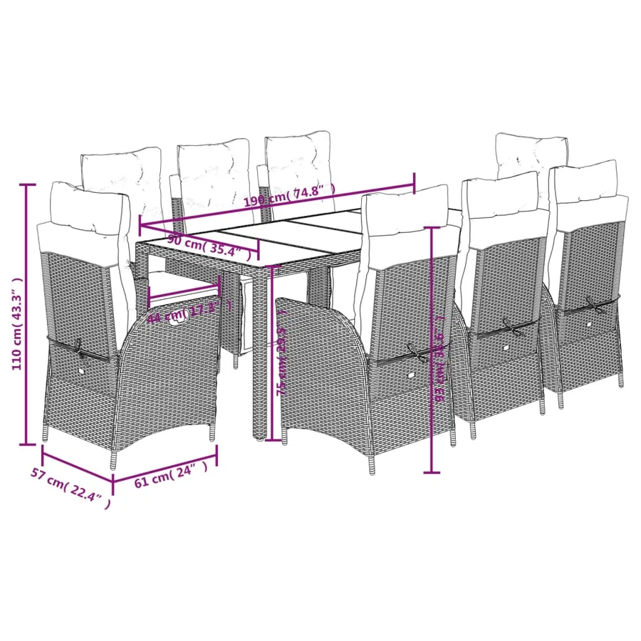 Ensemble à manger de jardin 9pcs coussins noir résine tressée - 12