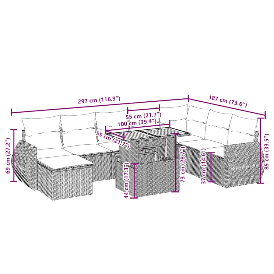 Salon de jardin avec coussins 9 pcs beige résine tressée - 3