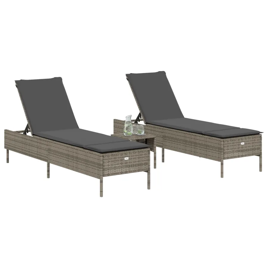 Ensemble de chaises longues avec coussins 3 pcs gris poly rotin - 3