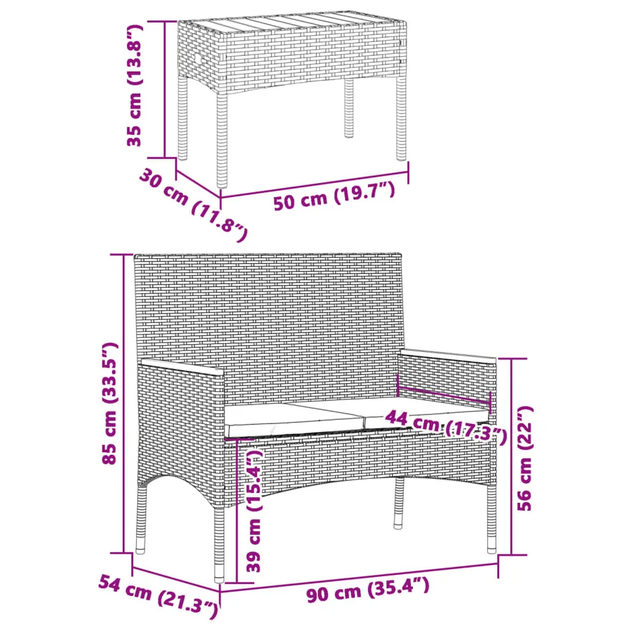 Banc de jardin 2 places avec coussins/table gris résine tressée - 11