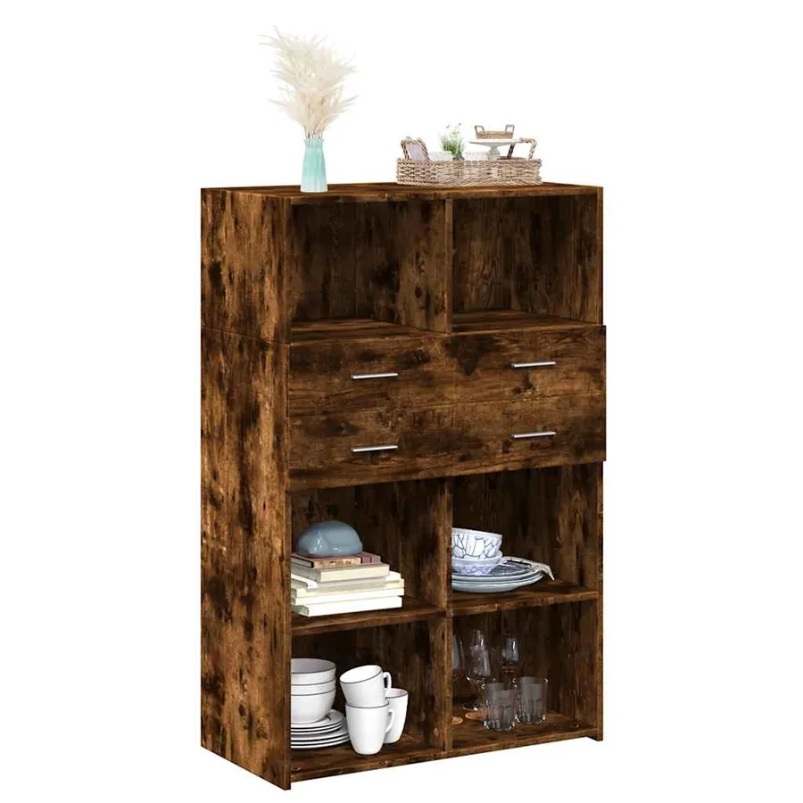 Buffet haut chêne fumé 80x42,5x124 cm bois d'ingénierie - 3