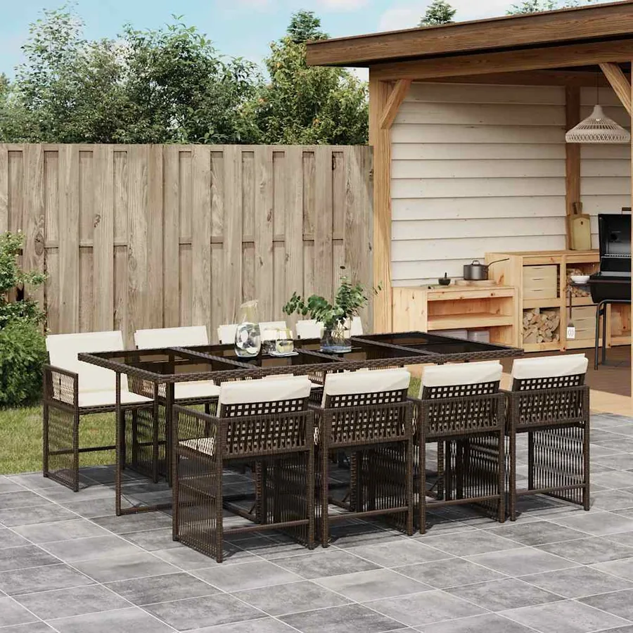 Ensemble à manger de jardin et coussins 9 pcs marron poly rotin
