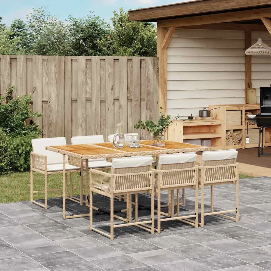 Ensemble à manger de jardin et coussins 7 pcs beige poly rotin