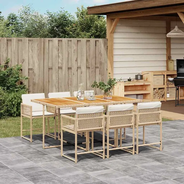Ensemble à manger de jardin et coussins 7 pcs beige poly rotin