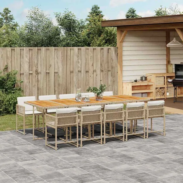 Ensemble à manger de jardin et coussins 11 pcs beige poly rotin