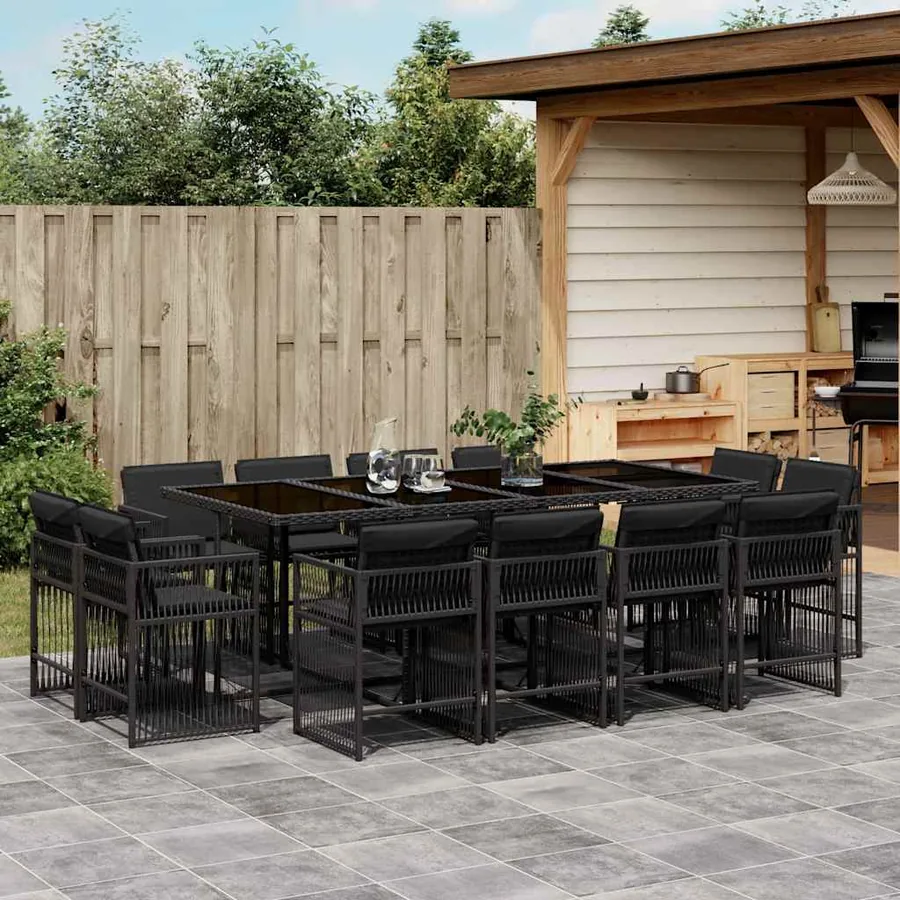 Ensemble à manger de jardin 13 pcs coussins noir résine tressée