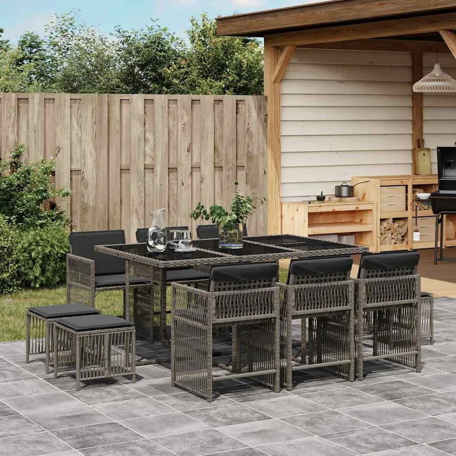 Ensemble à manger de jardin 11pcs avec coussins gris poly rotin