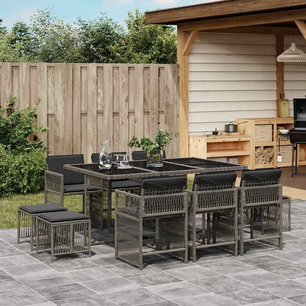 Ensemble à manger de jardin 11pcs avec coussins gris poly rotin