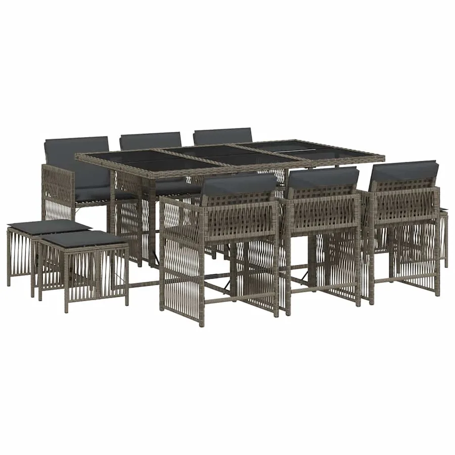 Ensemble à manger de jardin 11pcs avec coussins gris poly rotin - 2
