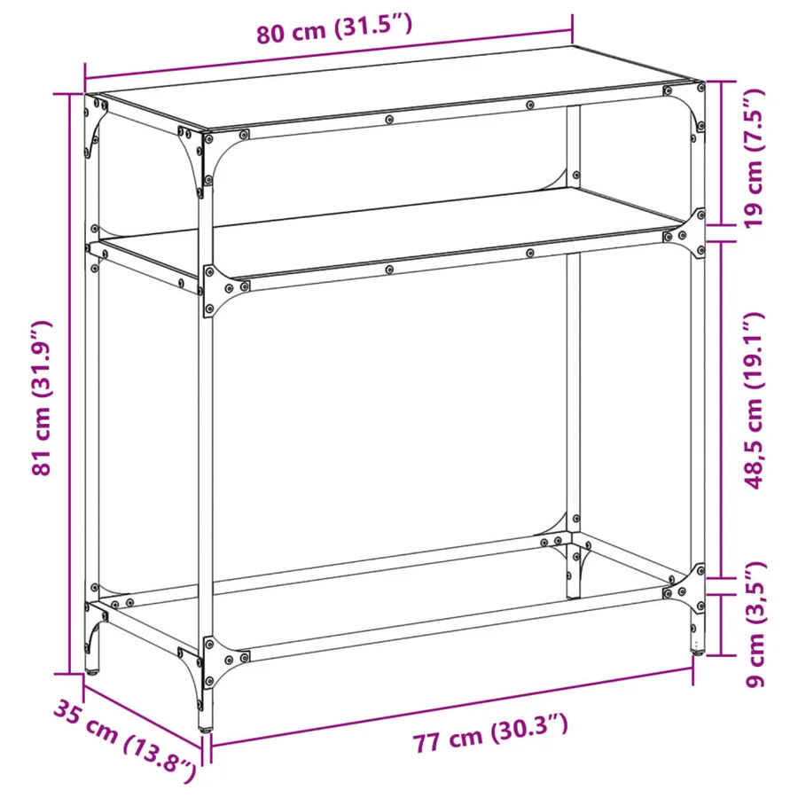 Table console avec dessus en verre noir 80x35x81 cm acier - 9