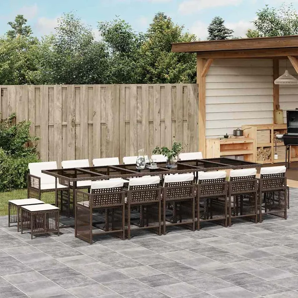 Ensemble à manger de jardin et coussins 17 pcs marron rotin