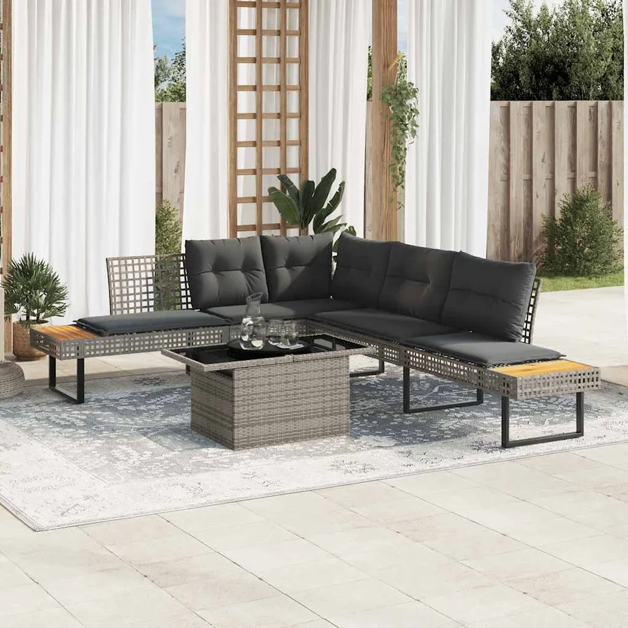 Salon de jardin avec coussins 2pcs gris résine tressée et verre - 2