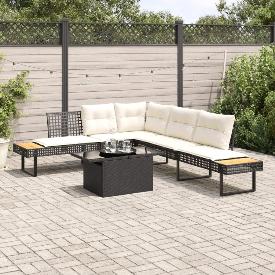 Salon de jardin avec coussins 2pcs noir résine tressée et verre - 2