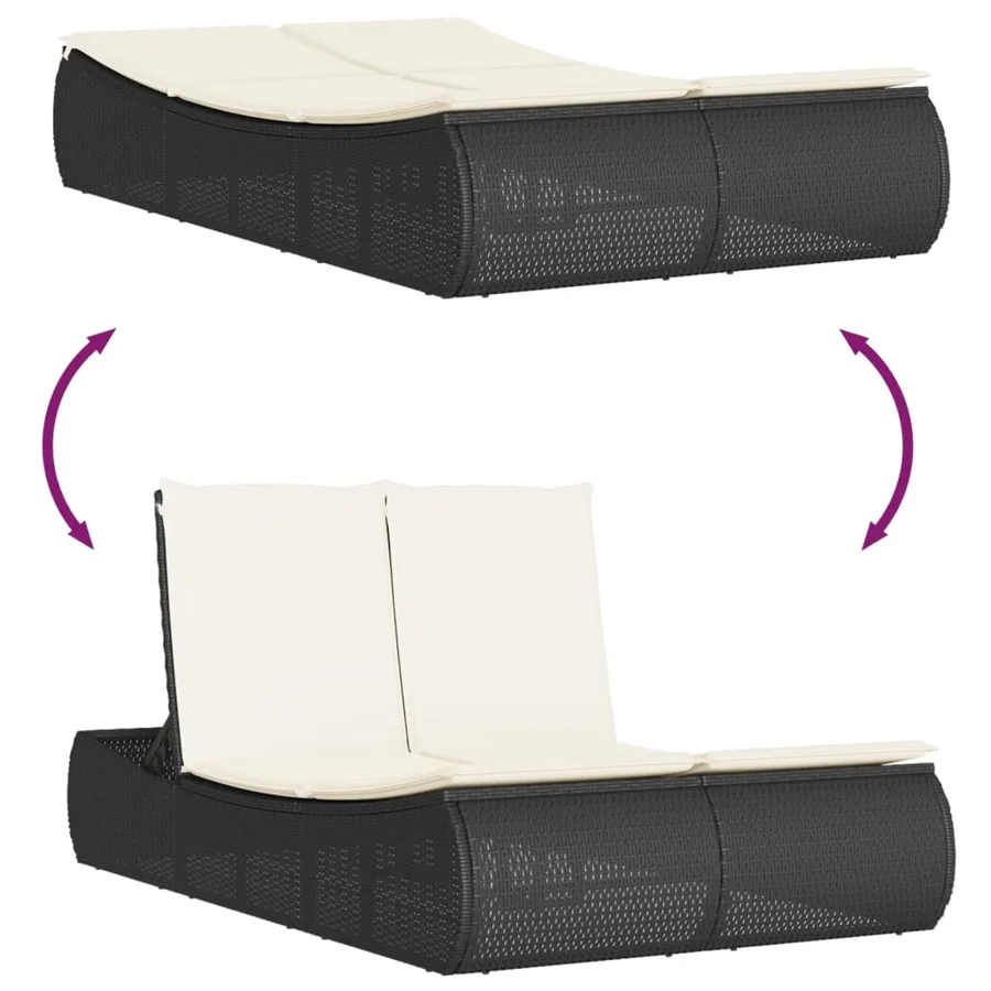 Chaise longue double avec coussins noir résine tressée - 7