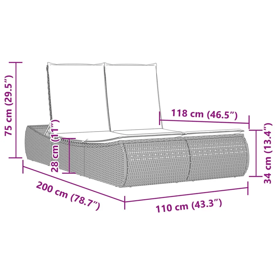 Chaise longue double avec coussins noir résine tressée - 9