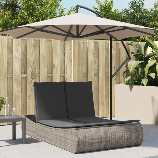 Chaise longue double avec coussins gris résine tressée