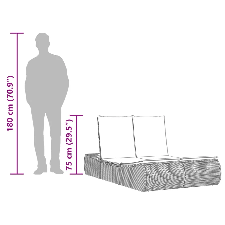 Chaise longue double avec coussins gris résine tressée - 10
