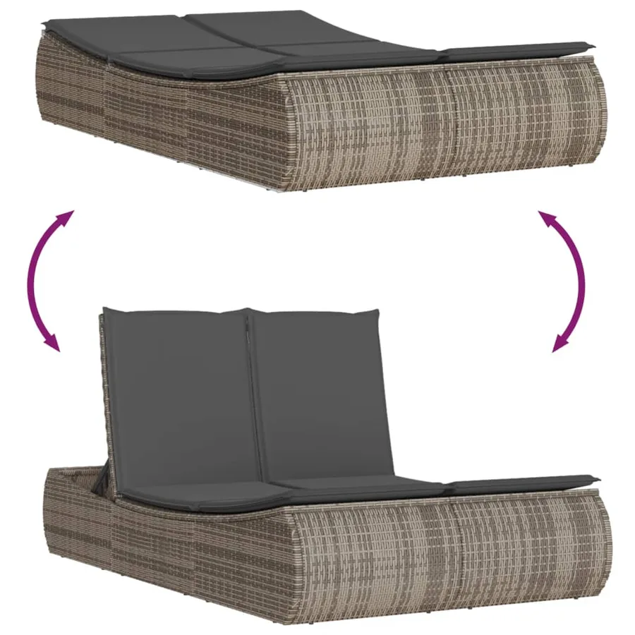Chaise longue double avec coussins gris résine tressée - 7