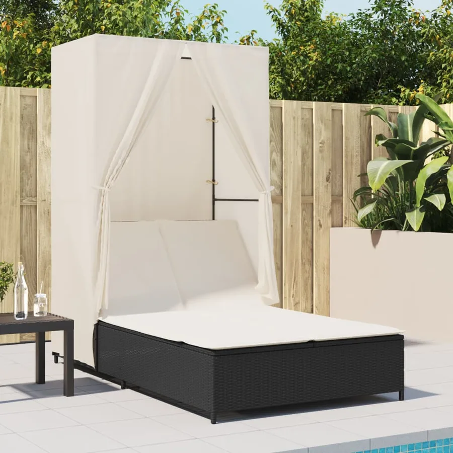 Chaise longue double avec toit et rideaux noir résine tressée - 3