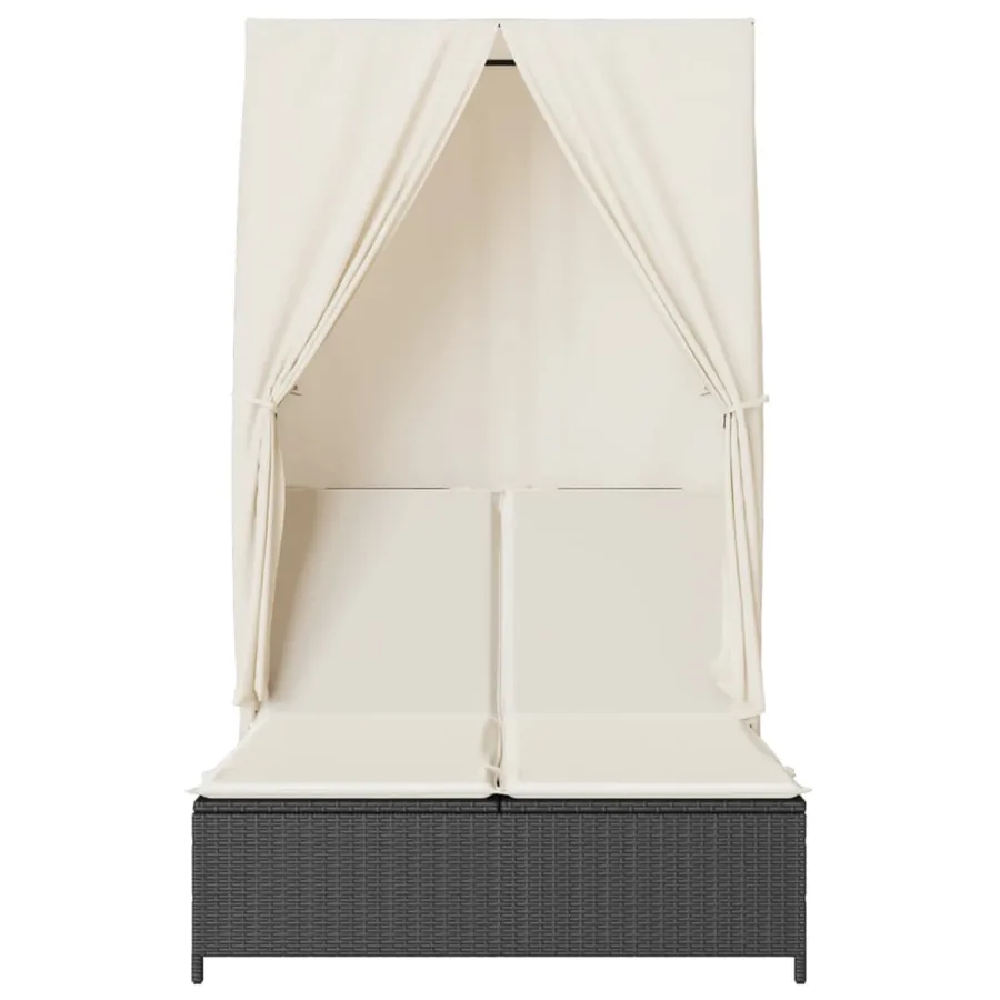 Chaise longue double avec toit et rideaux noir résine tressée - 4