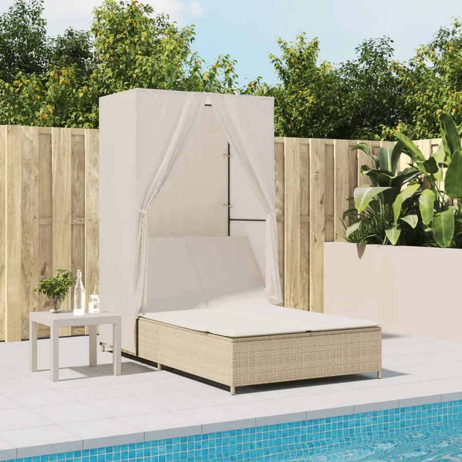 Chaise longue double avec toit et rideaux beige résine tressée