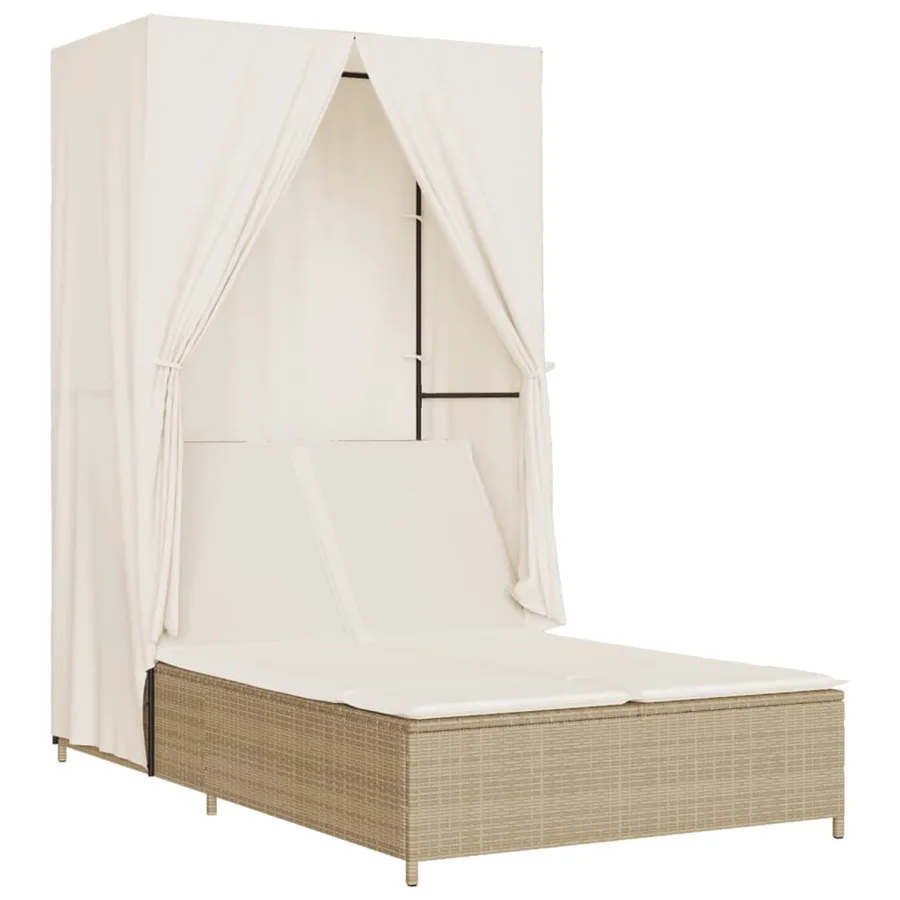 Chaise longue double avec toit et rideaux beige résine tressée - 2
