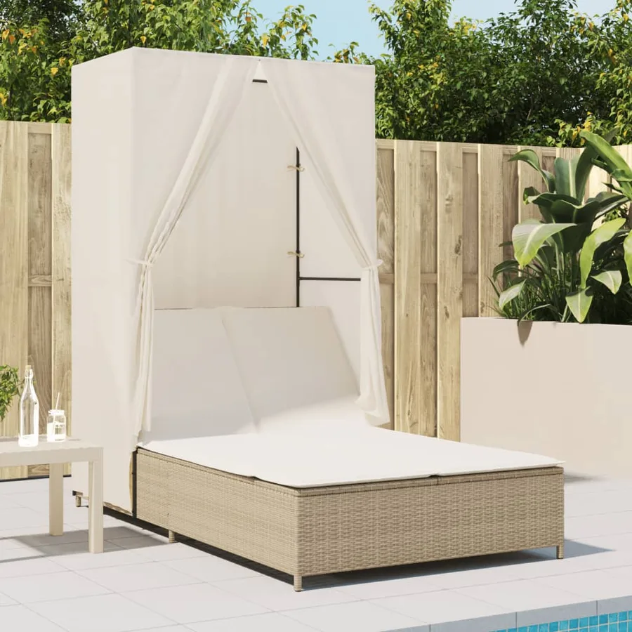 Chaise longue double avec toit et rideaux beige résine tressée - 3