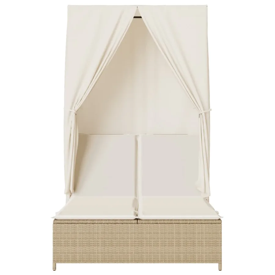 Chaise longue double avec toit et rideaux beige résine tressée - 4