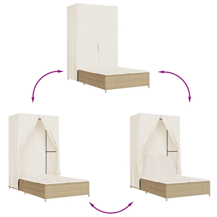 Chaise longue double avec toit et rideaux beige résine tressée - 7
