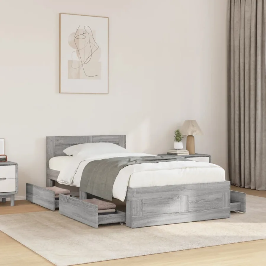 Cadre de lit et tête de lit sans matelas gris béton 90x200 cm