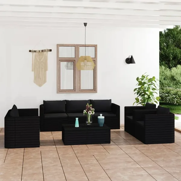 Salon de jardin 9 pcs avec coussins Résine tressée Noir