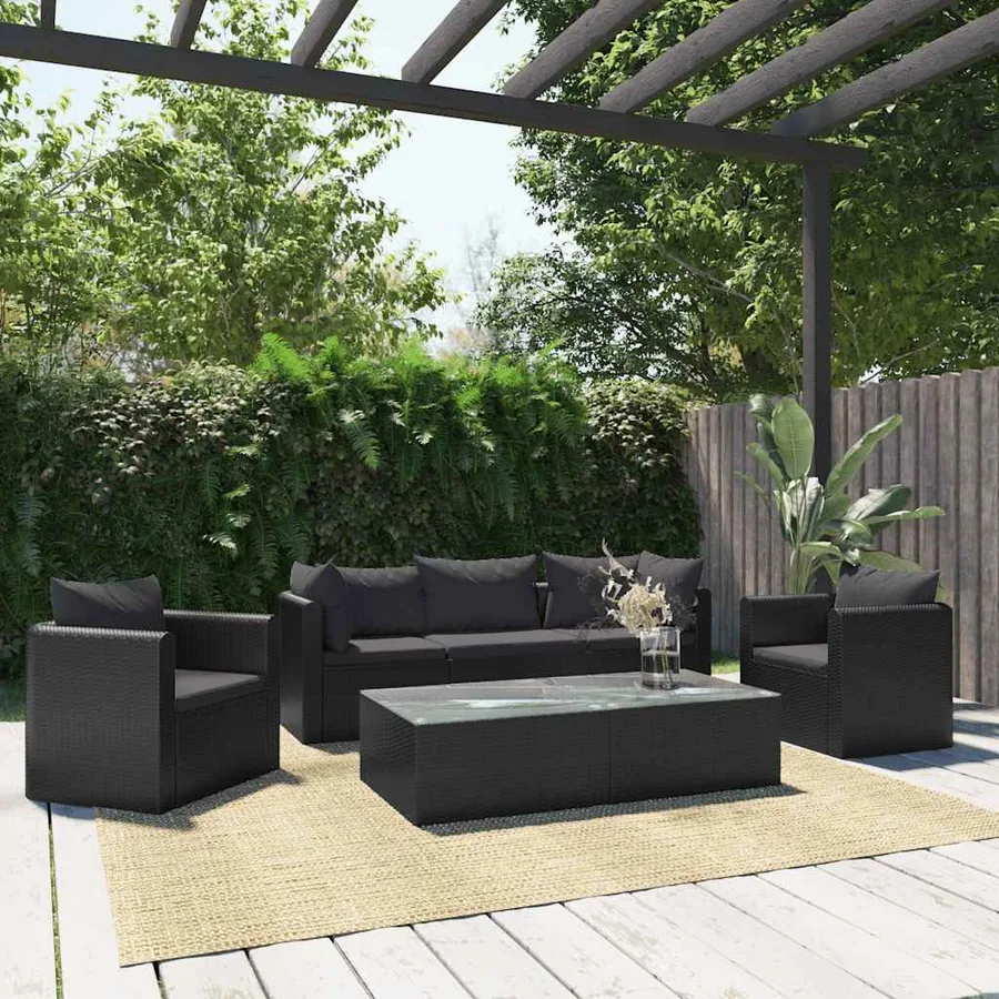 Salon de jardin 7 pcs avec coussins Résine tressée Noir