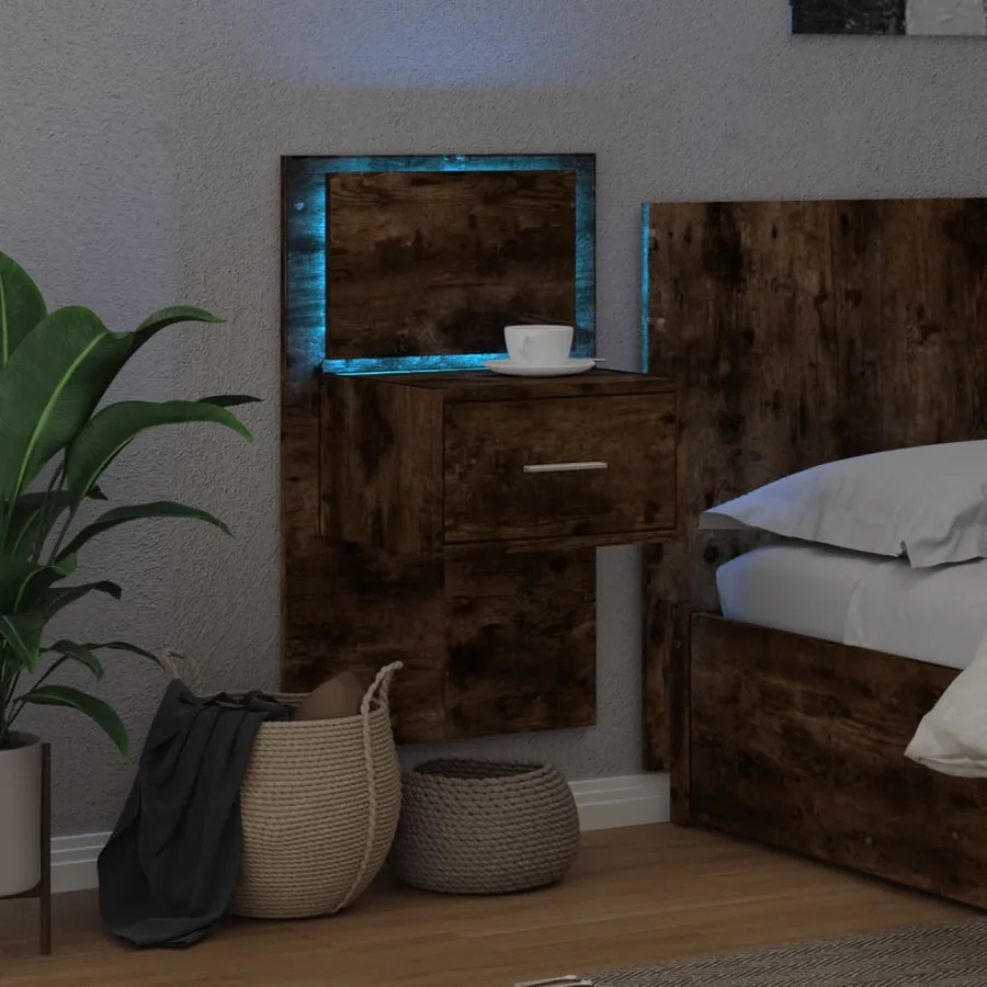 Table de chevet murale avec lumières LED chêne fumé - 5