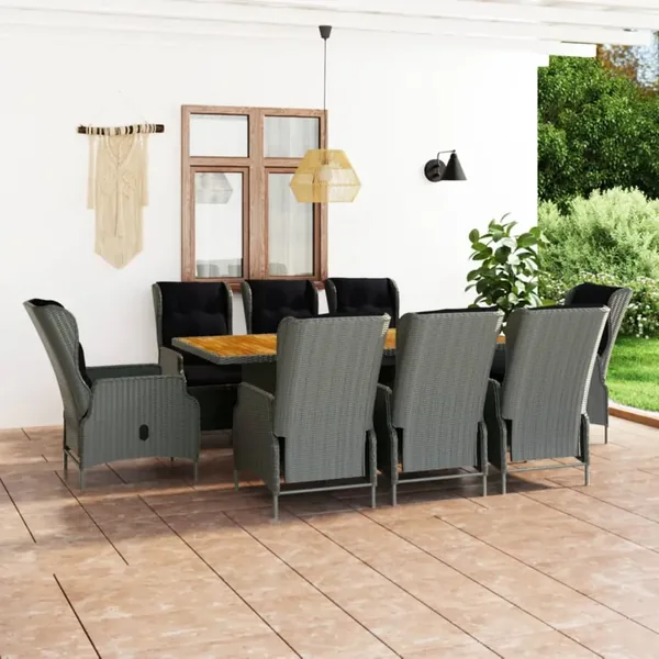 Ensemble à manger d'extérieur et coussins 9 pcs résine tressée