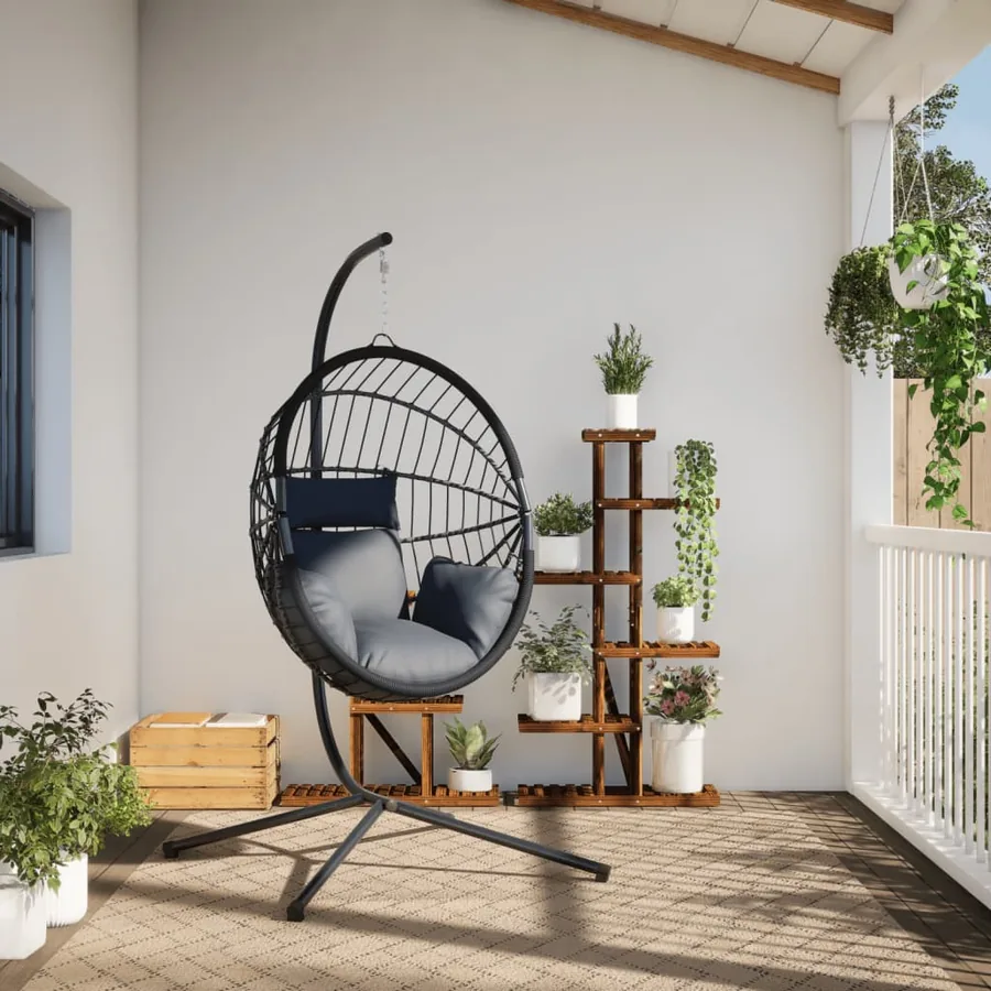 Chaise suspendue forme d'œuf et support gris clair rotin acier - 3