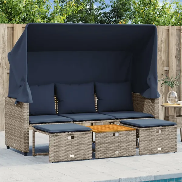 Canapé de jardin 3 places avec auvent et poufs gris résine tressée