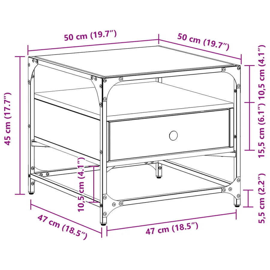 Table basse avec dessus en verre sonoma gris 50x50x45 acier - 10