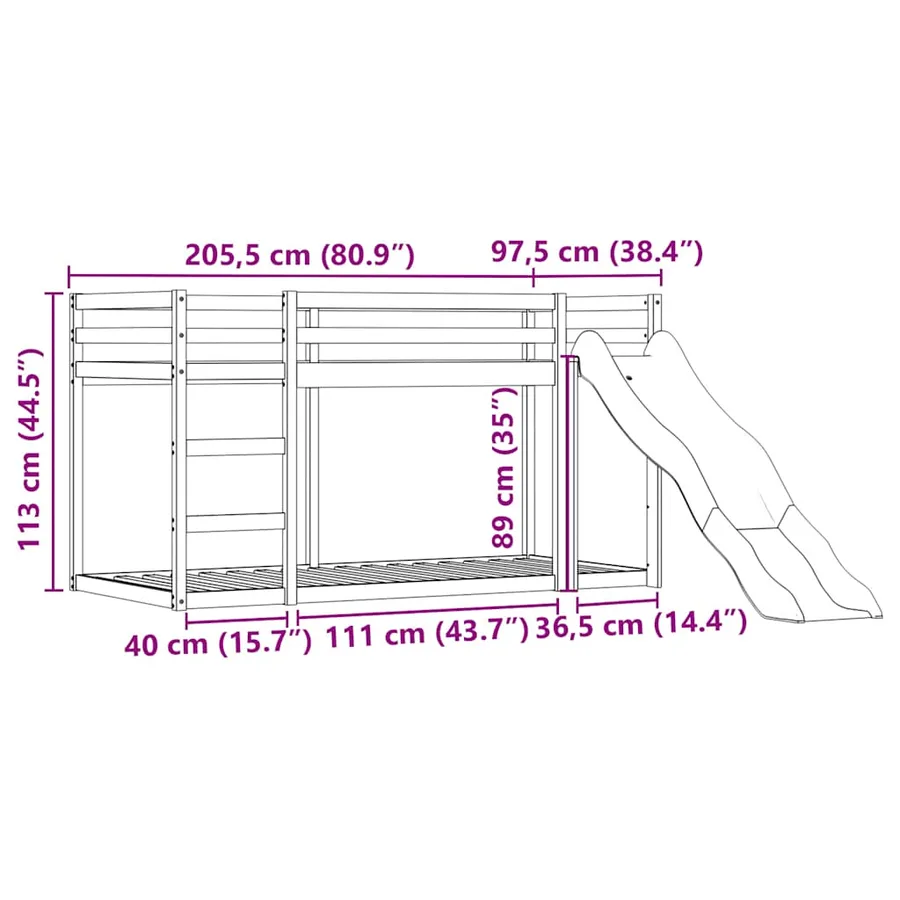 Lit superposé sans matelas avec toboggan blanc noir 90x200 cm - 16