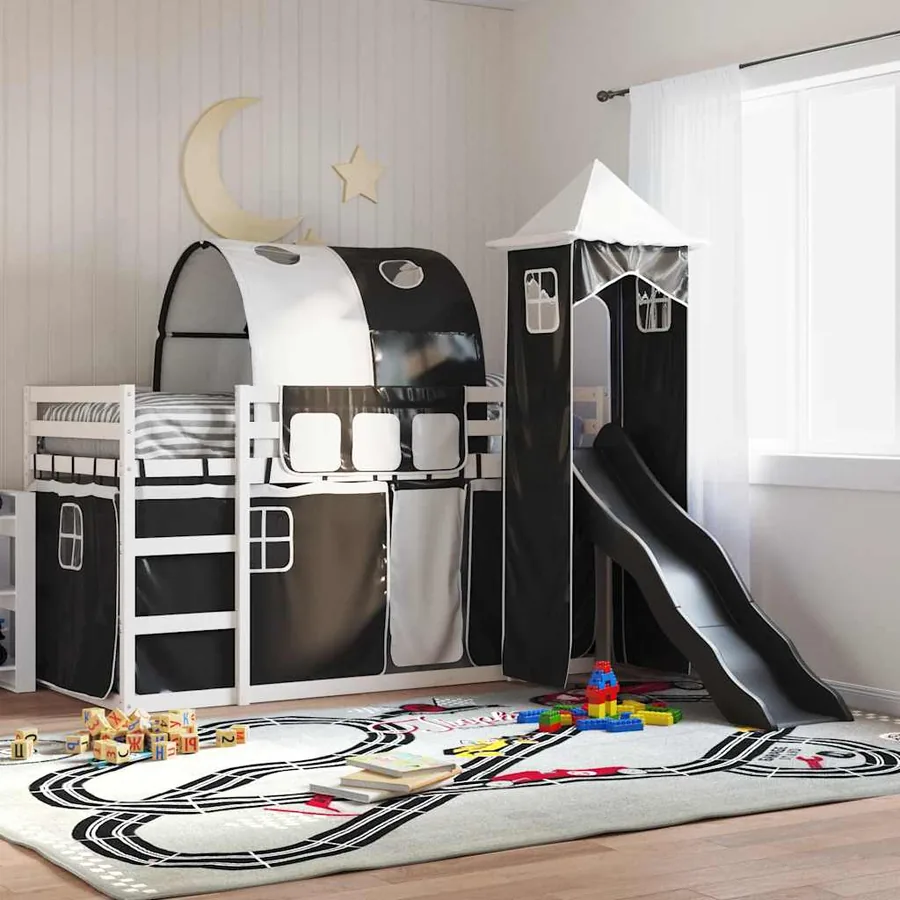 Lit superposé sans matelas avec toboggan blanc noir 90x190 cm