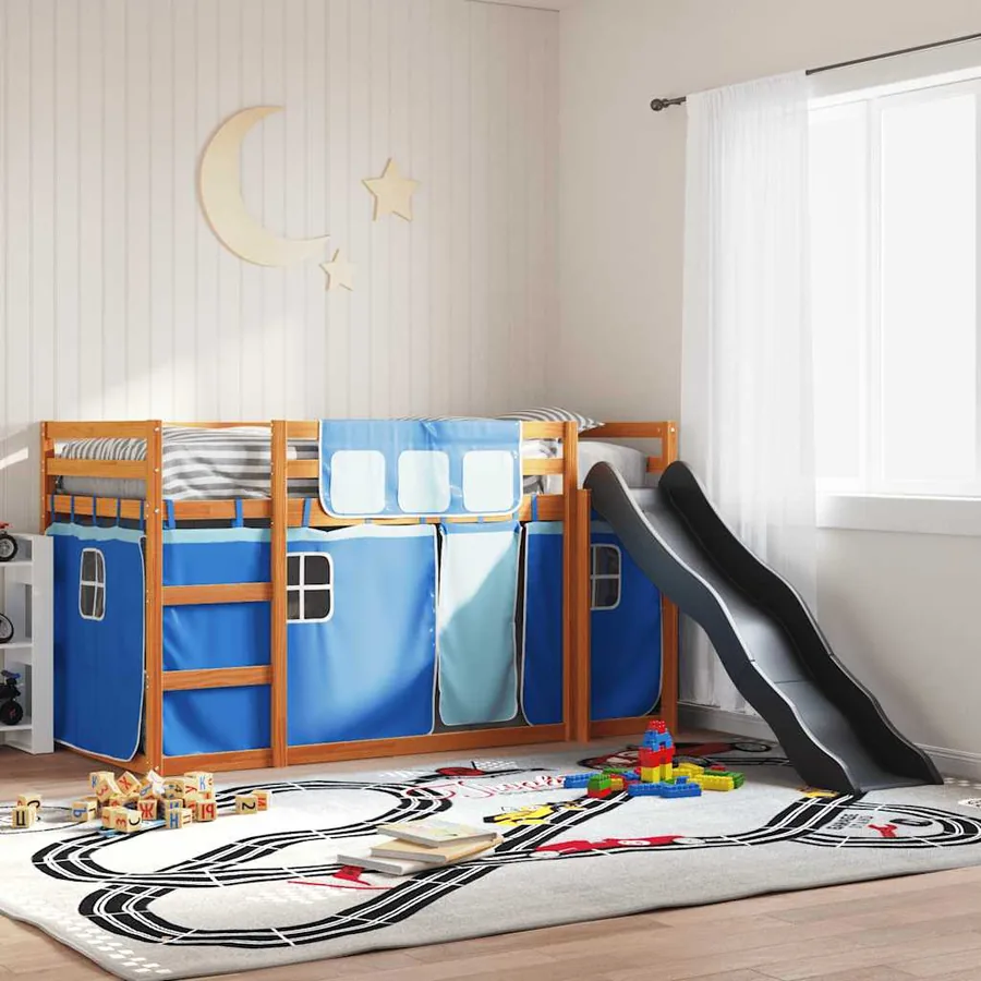 Lit superposé sans matelas avec toboggan et rideaux 80x200 cm